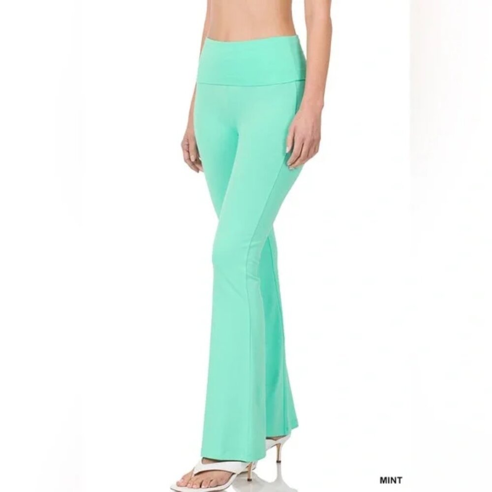 ZENANA PLUS PREMIUM COTTON FOLD OVER YOGA FLARE PANTS MINT S-M-L-…